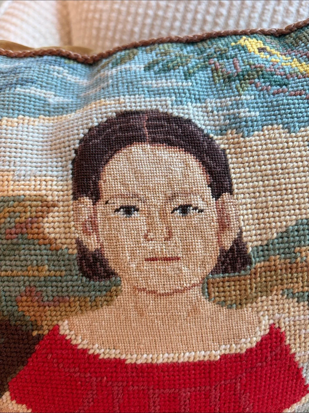 Kathy Diddel 20” square pillow. Needle point and petit  point.